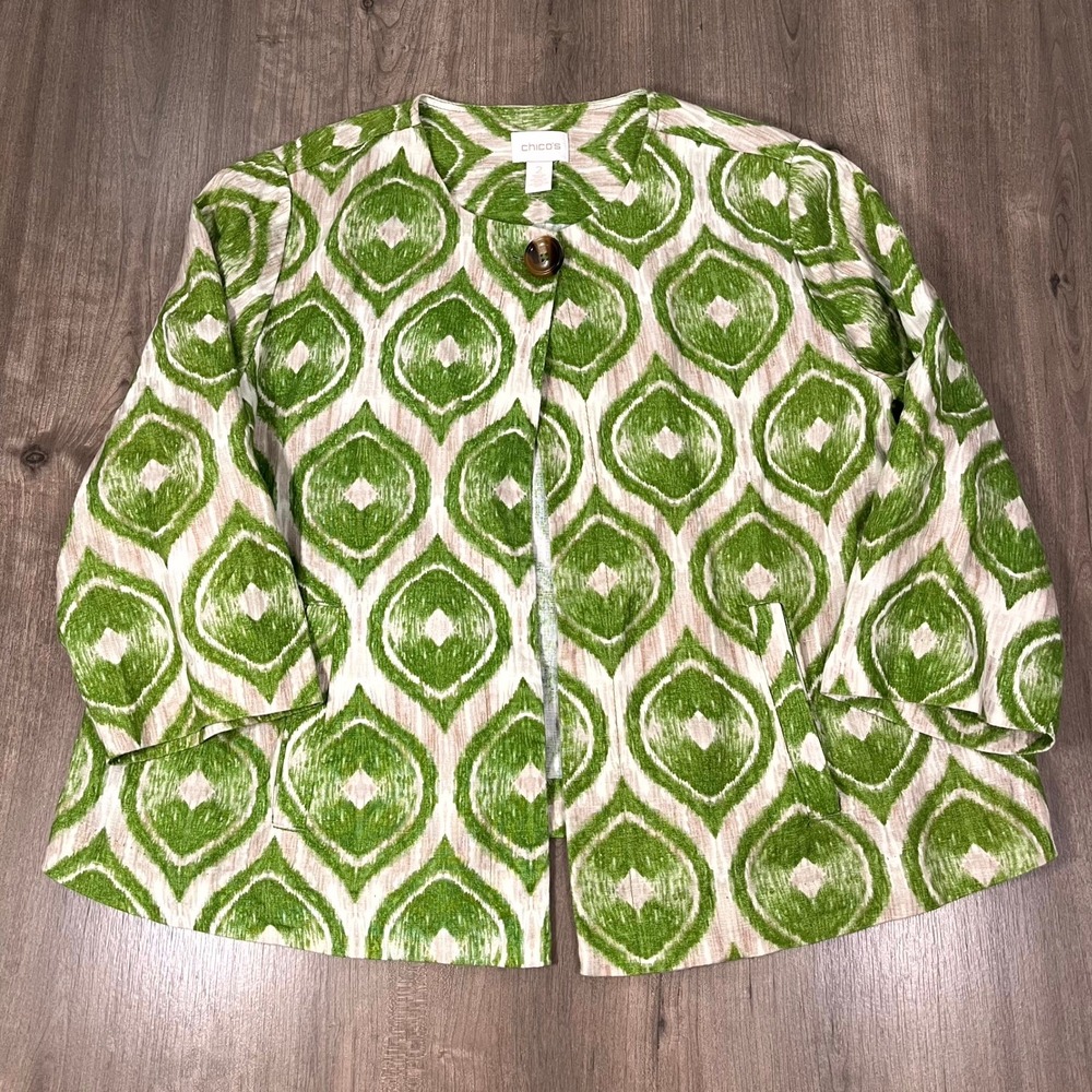 Chico's Topper Jacket 100% Linen Flax Green Ikat Print Chico's Size 2 US Large